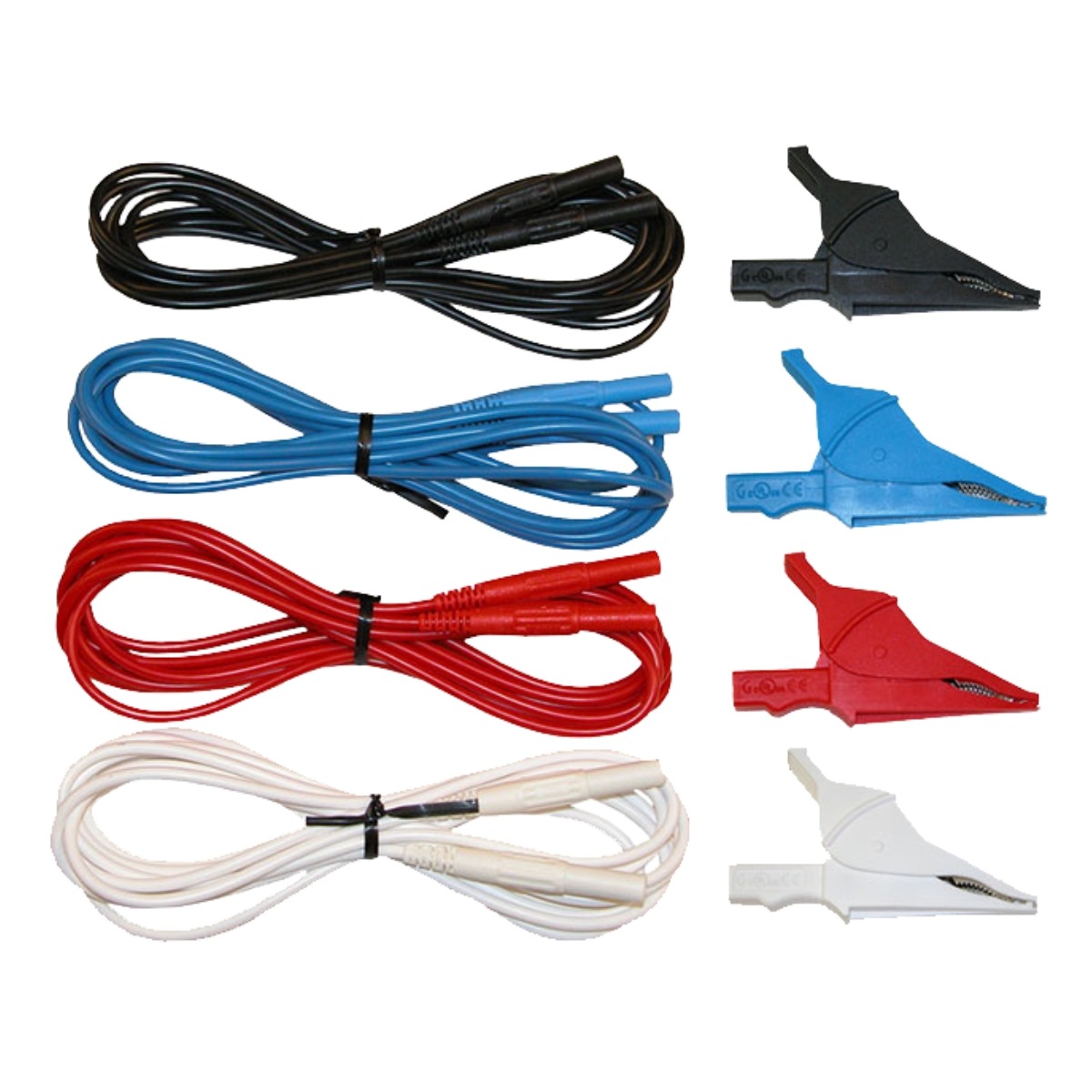 AEMC 2140.64 – Set of 4 Color-Coded 10 ft (3 m) Leads (600V CAT IV) with Red, Black, Blue & White Alligator Clips (1000V CAT IV, 15A).