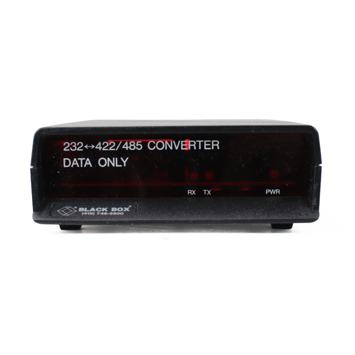 Black Box IC107A-R2 RS-232 to RS-422/485 converter, front view showing DATA ONLY label and RX, TX, and PWR LEDs