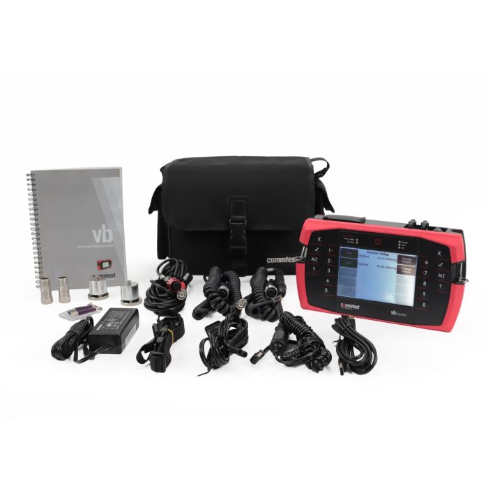 Commtest vb7 kit with IMI ICP accelerometers, carry bag, guide, cables, and power accessories