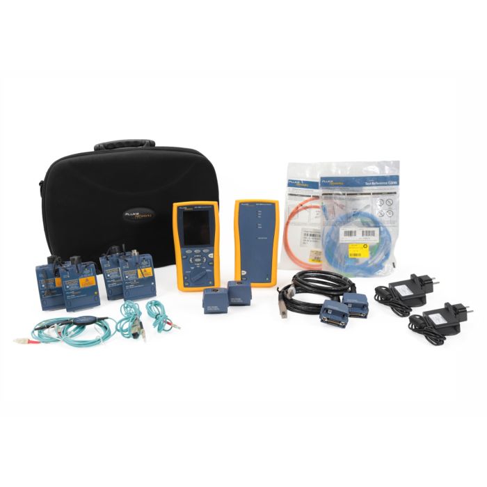 Fluke Networks DTX-1800-MS CableAnalyzer Cat 6A fiber certifier kit with SmartRemote, modules, adapters, and case