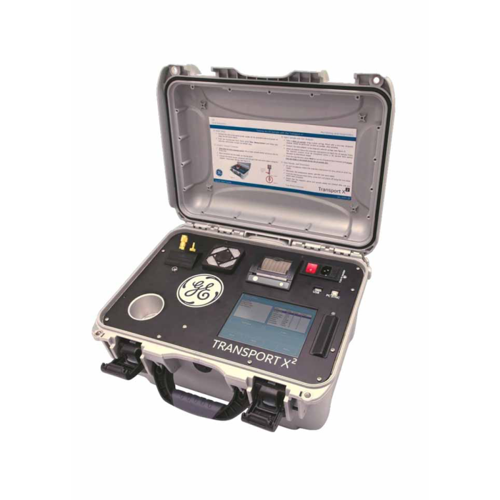GE Kelman Transport X² Portable Onsite DGA Analyzer showing touchscreen and accessory kits 
