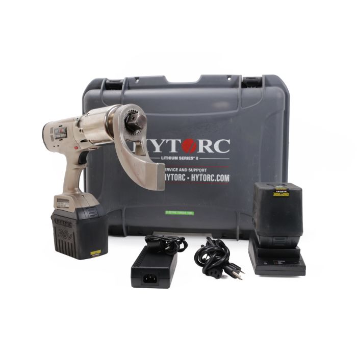 HYTORC LST-2000 Lithium Series II electric torque tool with 36V battery and mounted reaction arm with battery pack, charger, pelican case