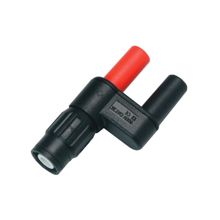 INNO Instrument PAC-1002 BNC conversion adapter front view showing red and black banana connectors and BNC interface with 600V CAT III marking
