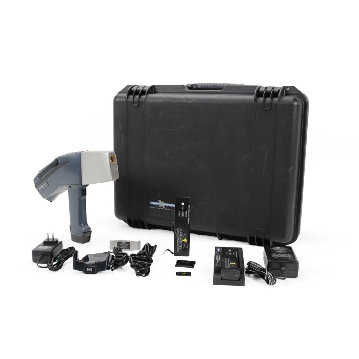 Innov-X Systems Alpha-2000-A handheld XRF analyzer with hard transport case and included components grouped in front