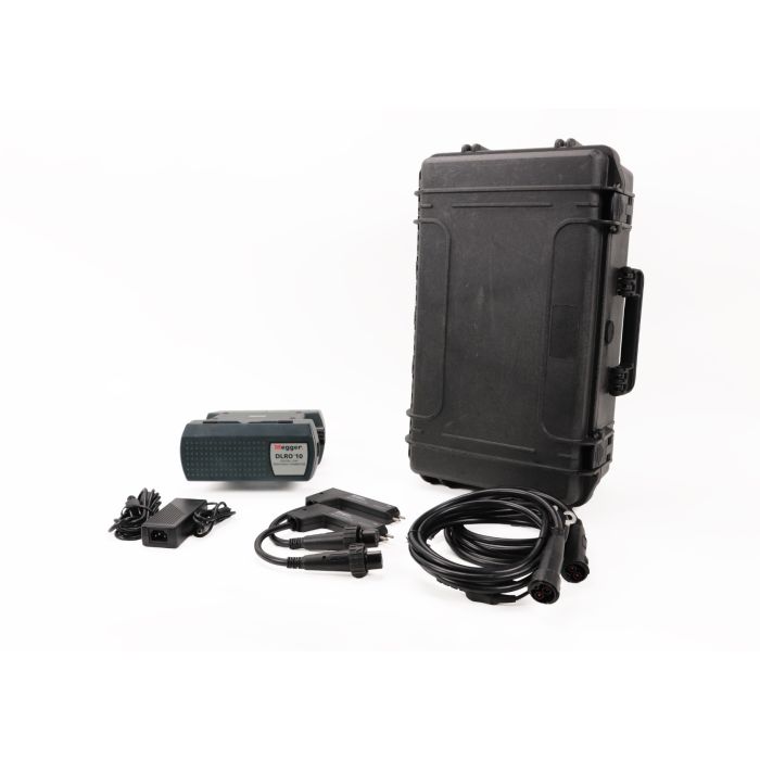 Megger DLRO10 digital microhmmeter with P-Type duplex twist probes, 3 m hook termination leads, and hard transport case.
