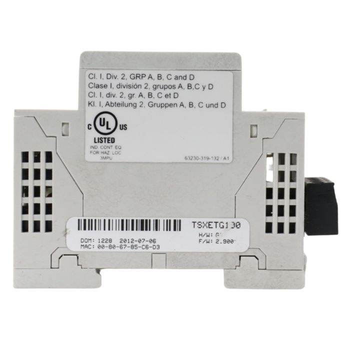 Schneider Electric ConneXium TSXETG100 Ethernet Modbus gateway/router with DIN-rail mounting and RS485 serial interfaces product view