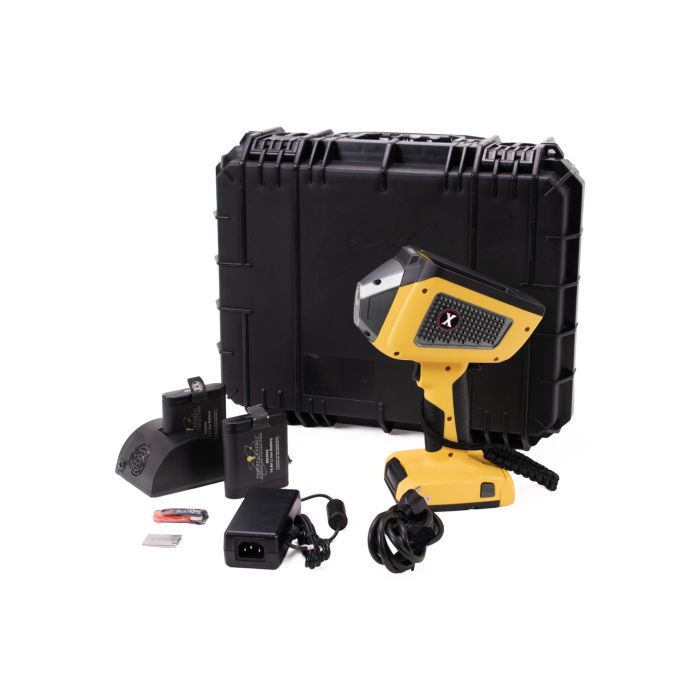 Refurbished SciAps X-250 handheld XRF analyzer with Alloy and Aluminum options, dual batteries, charger, and case

