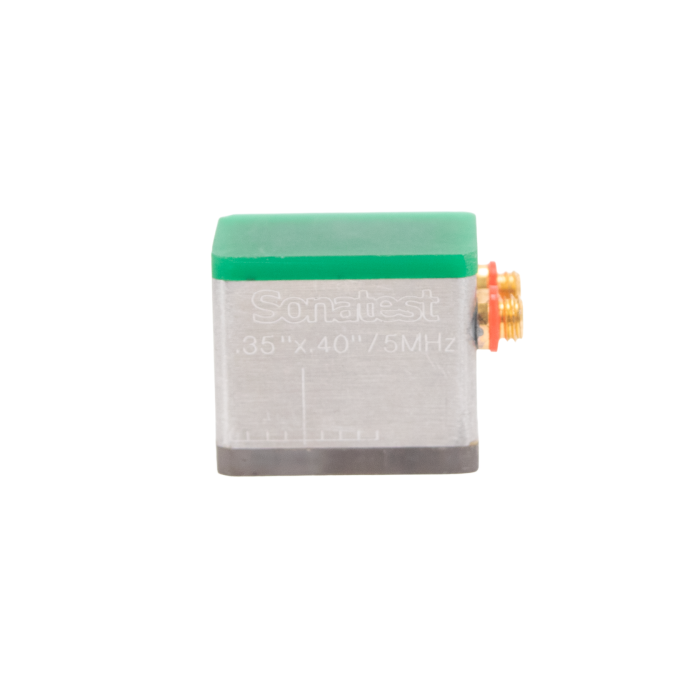 Certified pre-owned Sonatest Q-Scan-1 5 MHz 0.35 x 0.410 inch ultrasonic probe with right/left encoder configuration

