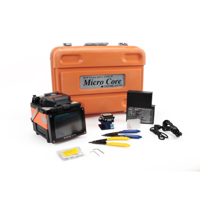 Sumitomo Type-39 FCM fusion splicer set with FC-6S cleaver, battery, power cord, tools, and hard carrying case.