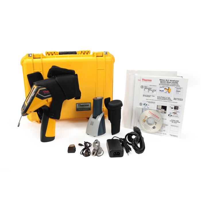 Thermo Scientific Niton XL2 980 GOLDD XRF analyzer kit with case, charger, cables, software CD, and documents