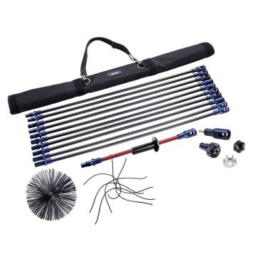 Wöhler Snap & Sweep Regular Chimney Liner Kit with rods, brush, rotary head, chain, nylon wires, and carrying bag
