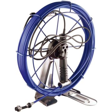 Wöhler 7301 Camera Viper 98 ft blue push rod with digital meter counter, belt holder, and stand