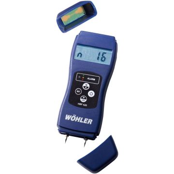 Wöhler HBF 420 moisture meter with LCD, controls, electrodes, and protective caps