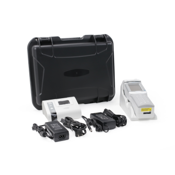 Abbott i-STAT 1 Wireless 300-G handheld blood analyzer with PR-300 printer, DRC-300 downloader, power adapters, and transport case.