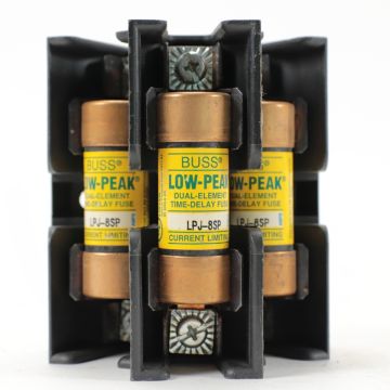 Bussmann JP60030-3PR Class J 3-pole pyramid fuse block with installed LPJ-8SP fuses
