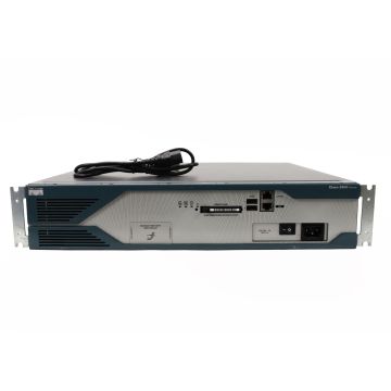 Cisco 2821 Integrated Services Router with WAAS NME-WAE-502-K9 module and T1 WIC installed, shown with rack ears and AC power.

