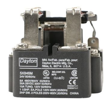DAYTON 5X846M open power relay with 24V AC coil, DPDT contacts, and 8 screw terminals product view
