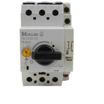 Eaton Moeller PKZM0-10 manual motor controller with installed NHI11-PKZ0 auxiliary contact
