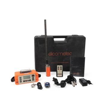 Elcometer 331 TH Concrete Covermeter kit with short borehole probe, standard search head, charger, cables, and case