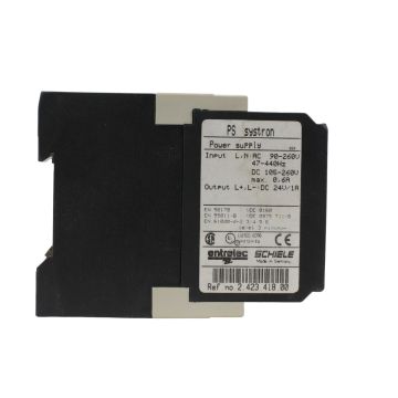 Entrelec Schiele Systron PS 24V/1A DIN rail power supply, model 2.423.418.00, front and side view