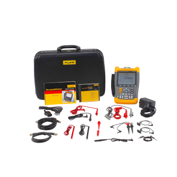 The Fluke 196C ScopeMeter is a high-performance, dual-input oscilloscope with a 100 MHz bandwidth and 1 GS/s real-time sampling rate. It includes essential accessories like 10:1 voltage probe sets, test leads, and a carrying case,