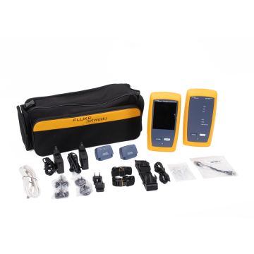 Fluke Networks DSX-602 CableAnalyzer Main & Remote, Cat 6A/ Class EA channel adapters (2), 6-inch (15 cm) RJ45 reference patch cord (1), Soft Carrying case, USB cable for PC communications, AC adapters (2) and DSX-602 Getting Started Guide