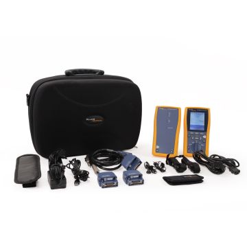 Fluke Networks DTX-1800 Cable Analyzer System with Smart Remote, CHA002 channel adapters, and PLA002 permanent link adapters shown with case.
