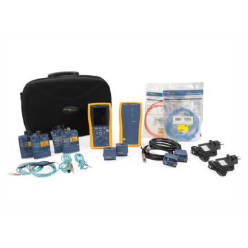Fluke Networks DTX-1800-MS CableAnalyzer Cat 6A fiber certifier kit with SmartRemote, modules, adapters, and case
