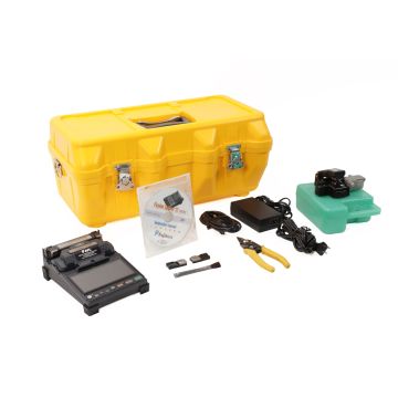 Fujikura 12S fusion splicer with CT-06 cleaver shown as a compact field fusion splicer kit with fiber holders, leads and yellow transit case.
