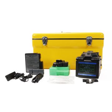 Fujikura FSM-50R12 ribbon fusion splicer kit with CT-30 cleaver, HJS-02 stripper, battery, power cables, and transit case.
