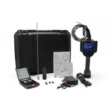 GE XL Vu 4mm video borescope system with optical tips, case, and accessories