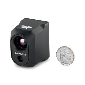 Front view of the HADRON 640R+ thermal imaging camera featuring a 13.6mm lens, showcasing its sleek design and compact form factor.