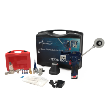 Hexatronic LTT1792040 ABF Mk3 fiber installation tool with 7 mm duct clamp, accessories, charger, and case