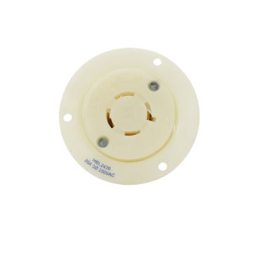 Hubbell HBL2426 20A 250V AC Insulgrip flanged receptacle in white nylon Twist-Lock configuration