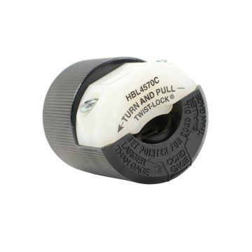 Hubbell HBL4570C Twist-Lock Plug 15A 250V L6-15P black and white nylon Insulgrip connector side view