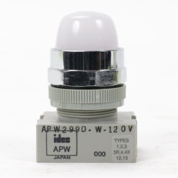 IDEC APW299D-W-120V white panel-mount pilot light indicator with dome lens and metal bezel product view