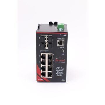 Sixnet 8-Port Industrial Ethernet Gigabit Managed Switch, SLX-8MG, Eight 10/100/1000BaseTX RJ-45 Ports, Four Gigabit SFP (combo) Ports, NMPv1/v2/v3
RMON, DHCP Server, SNTP, TFTP, STP, RSTP/MSTP, QoS/CoS/ToS/DS, IGMPv1/v2, VLAN (tag and port based), HTTP/