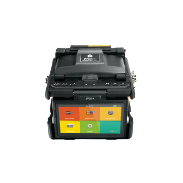 INNO Instrument M7+ fusion splicer angled front view with touchscreen and heater assembly

