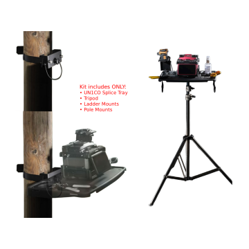 INNO Instruments UN1CO Mobile smart tray kit with tripod, ladder mounts, and pole mounts shown; fusion splicer displayed for illustration only.