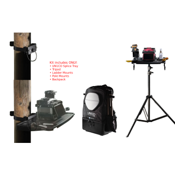 INNO Instrument UN1CO Mobile fiber splicing workstation kit including splice tray, tripod stand, ladder mount, pole mount, and UN1CO backpack (splicer not included)