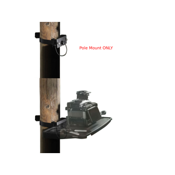 Inno Instrument UN1CO pole mount bracket secured to a wooden utility pole with strap clamp and safety loop, labeled “Pole Mount ONLY,” tray not included.