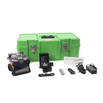 Refurbished NNO View 5 Pro core-alignment fusion splicer kit with V10 Pro auto-rotate fiber cleaver, cooling tray, battery, stripper, power cord
