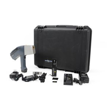 Innov-X Systems Alpha-2000-A handheld XRF analyzer with hard transport case and included components grouped in front