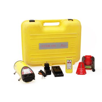 Transport case with Leica Piper 100 3R red beam pipe line and grade laser kit with IRPL200 remote, battery, targets
