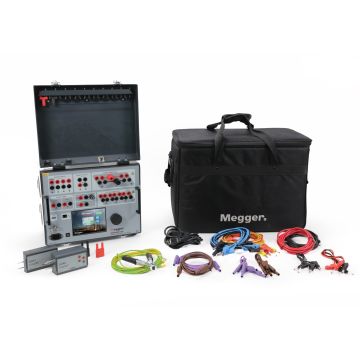 Megger SVERKER 900 relay and substation test system with lid open, accessories, and soft carrying case arranged together.