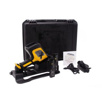 Olympus DELTA DP-2000 handheld XRF analyzer with Alloy Plus and Window Guard modes, certified pre-owned, with docking station and case