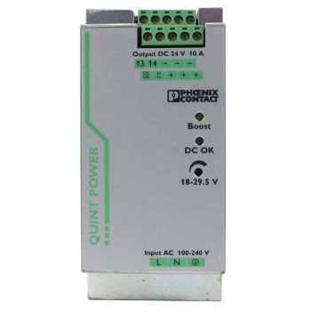 Phoenix Contact QUINT-PS/1AC/24DC/10 DIN-rail power supply, 24 VDC 10A, front view with terminals and status LEDs product view