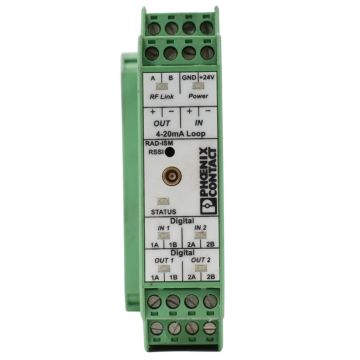 Phoenix Contact RAD-ISM-900-XD-BUS OMNEX industrial wireless transceiver module mounted on DIN rail product view