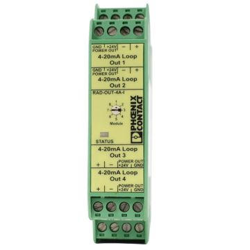 Phoenix Contact RAD-OUT-4A-I four-channel 4–20 mA analog output extension module for DIN rail mounting product view