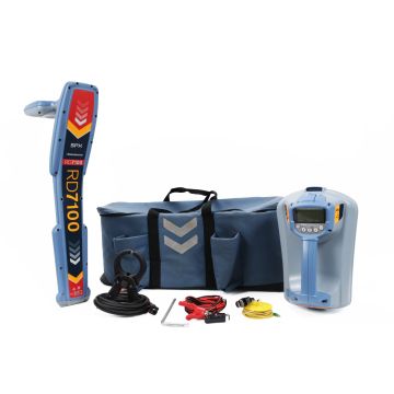Radiodetection RD7100-DLG utility locator system with TX-5 transmitter and 2-inch inductive clamp shown with field accessories
